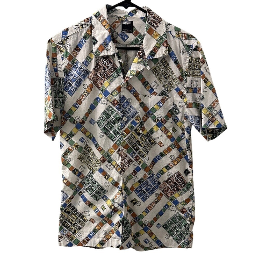 Todd Snyder Stamp Print Button Down Shirt Men Size Small Short Sleeve